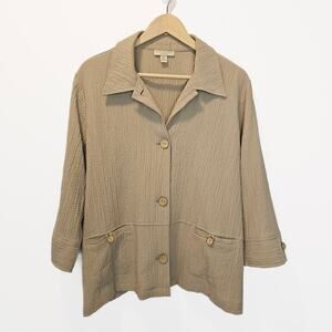 Appleseed's Tan Gauzy Crinkle‎ 3/4 Sleeve Jacket Button Front Tunic Top Size PXL
